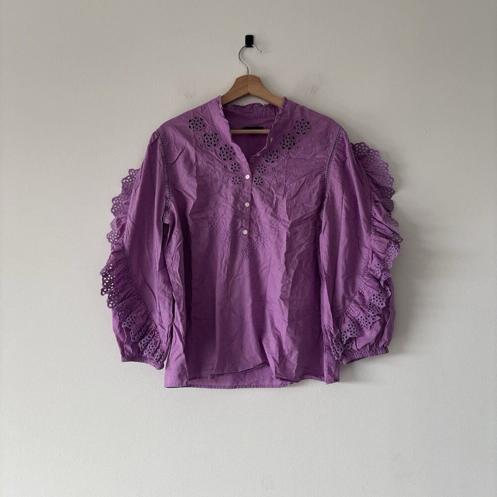 J. CREW Ruffle Sleeve Peasant Blouse Purple Eyelet Top Cottagecore Size L Preppy - Picture 8 of 14